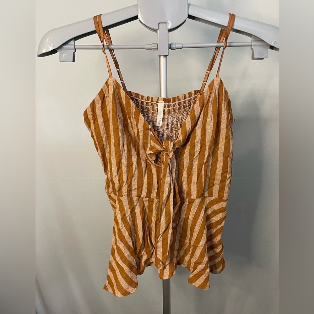 Sage Striped Tie Front‎ Camisole Women Medium Mustard Yellow Smocked Back T4495G